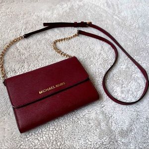Michael Kors Leather Cross Body Button Closure Mini Bag (Berry)